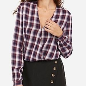 Express V-Neck Wrap Plaid Top